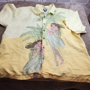 Tommy Bahama Mens XXL Yellow 100% Linen Hula Girl Ukulele Hawaiian Camp Shirt